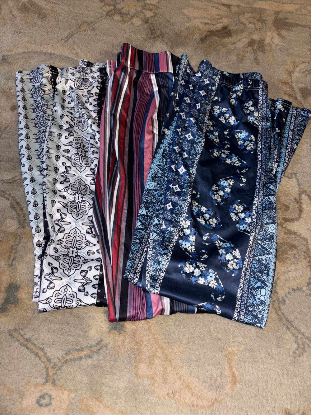 Three Patterned Lounge Pants Set - Black/White, Multicolor Stripe, Navy Floral